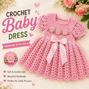 May include: A pink crochet baby dress featuring short puff sleeves, a square neckline, and a satin ribbon bow at the waist. The bodice is adorned with three small crocheted flowers with green leaves and pearl centers. The text reads CROCHET Baby DRESS.