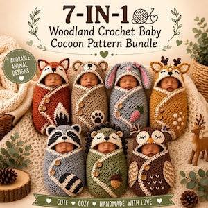 May include: A 7-in-1 woodland crochet baby cocoon pattern bundle featuring seven animal designs including a fox, bear, rabbit, deer, raccoon, hedgehog, and owl. Each cocoon is crafted with yarn, buttons, and animal-themed hoods for infants.
