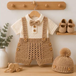 May include: A cream-colored crocheted short-sleeve shirt with a matching brown crocheted bowtie, suspender shorts, and a pom-pom beanie. The outfit features brown wooden buttons on the shirt, shorts, and hat, accompanied by two small crocheted shoes.