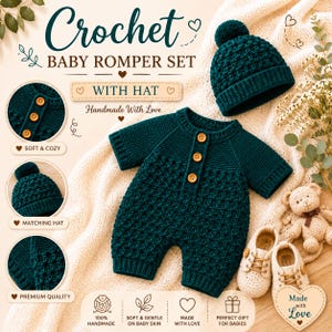 Pode incluir: Um conjunto de romper para bebé em croché verde-azulado escuro, composto por um romper de manga curta com três botões de madeira e um gorro a condizer com pompom. O texto na imagem diz Crochet Baby Romper Set With Hat, Handmade With Love, Soft & Cozy, Matching Hat, Premium Quality, 100% Handmade, Soft & Gentle On Baby Skin, Made With Love, Perfect Gift For Babies, Made With Love.