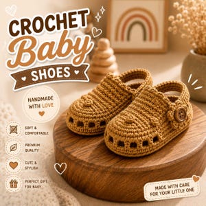May include: A pair of tan crochet baby shoes featuring a textured knit pattern, cut-out details, and a single brown button on the side. The image includes text reading CROCHET BABY SHOES, HANDMADE WITH LOVE, SOFT & COMFORTABLE, PREMIUM QUALITY, CUTE & STYLISH, PERFECT GIFT FOR BABY, and MADE WITH CARE FOR YOUR LITTLE ONE.