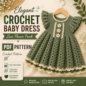 May include: A sage green crochet baby dress featuring a flared skirt with a scalloped cream-coloured hem, flutter sleeves, and a central vertical panel adorned with three small cream-coloured flower buttons. The text reads Elegant Crochet Baby Dress.