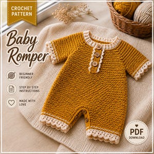 May include: A mustard yellow crochet baby romper featuring a cream-colored ribbed neckline, short sleeves with scalloped edges, and three brown buttons on the front placket. The romper includes additional buttons at the crotch and has text reading Crochet Pattern Baby Romper, Beginner Friendly, Step by Step Instructions, Made With Love, and PDF Download.