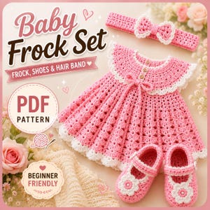 May include: A crochet baby frock set including a pink and white dress with a scalloped hem, a matching headband with a bow, and a pair of Mary Jane shoes with flower accents. The image features text reading Baby Frock Set, PDF Pattern, and Beginner Friendly.