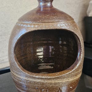 May include: A brown ceramic salt cellar with a speckled glaze and a wide, open front. The vessel features a narrow neck and a flared rim at the top. The word Salt is embossed in a cursive script on the lower front section of the rounded body.