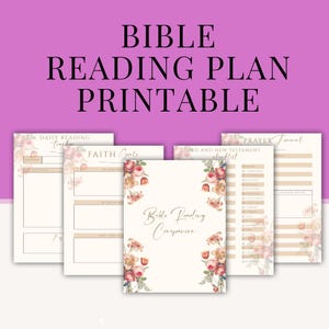 Puede incluir: Un conjunto de páginas imprimibles para un plan de lectura bíblica con detalles florales en tonos rosa y verde. Las páginas incluyen encabezados como Daily Reading Tracker, Faith Goals, Bible Reading Companion y Prayer Journal con campos.