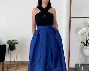 Luxurious Curvy Pleated A-Line Skirt made out of Blue Shatung, Electric Blue formal skirt