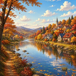 Puede incluir: Una pintura de paisaje de un río que fluye a través de un pueblo durante el otoño. La escena presenta árboles de colores naranja y amarillo vibrantes, un cielo azul con nubes blancas y casas con techos rojos en la ladera junto al agua.