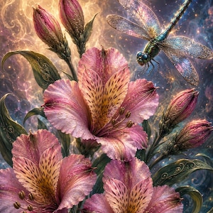May include: A vibrant illustration featuring several pink alstroemeria flowers with dark speckled centres and green stems, accompanied by closed flower buds and a detailed dragonfly with iridescent, translucent wings hovering above the blossoms.