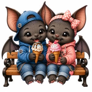 May include: Two cartoon bats with large ears and dark fur sitting on a wooden bench. The left bat wears a blue hoodie and baseball cap, holding a chocolate-drizzled ice cream cone. The right bat wears a pink hoodie and polka-dot bow, holding a pink ice cream cone.