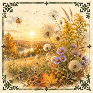May include: A square decorative print featuring a sunset landscape with a river, golden fields, and a foreground arrangement of white dandelion seed heads, yellow wildflowers, purple asters, and a single orange maple leaf, framed by a dark border.