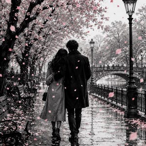 May include: A black and white photograph of two individuals walking arm in arm along a wet stone path lined with benches and lamp posts, beneath trees with falling pink cherry blossoms, with a stone bridge visible in the background.