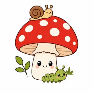May include: A cartoon illustration of a red mushroom with white spots, featuring a smiling face on its stem. A small brown snail rests on top of the mushroom cap, while a green caterpillar with a smiling face sits at the base next to a small green leaf.