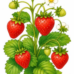 May include: A strawberry plant with four ripe red strawberries, two small green unripe strawberries, and three white flowers with yellow centers. The plant features serrated green leaves and stems emerging from a small patch of brown soil.