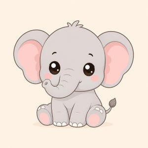 May include: A digital illustration of a baby elephant with light gray skin, large ears with pink inner sections, and dark brown eyes. The elephant is sitting down, featuring a small trunk, pink cheek spots, and a thin tail with a tufted end.