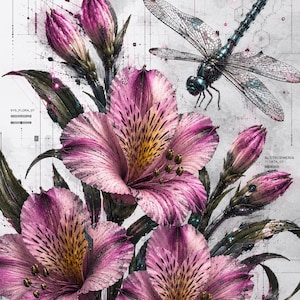 May include: A digital illustration of pink alstroemeria flowers with dark green foliage and a metallic dragonfly. The image features technical grid lines, data points, and text labels including TECHNOART, SYS_FLORA_07, and ALSTROEMERIA // DATA_03.