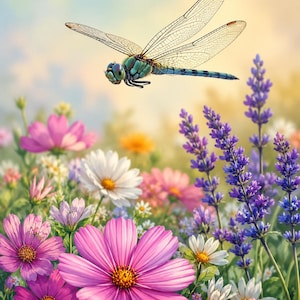 Puede incluir: Una libélula azul y verde con alas translúcidas y veteadas sobrevuela un prado vibrante lleno de flores cosmos rosas, margaritas blancas y tallos de lavanda morados bajo un cielo suave, cálido y de tonos dorados.