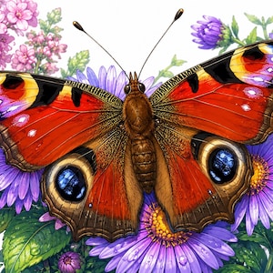 May include: A detailed illustration of a peacock butterfly with vibrant orange, red, and brown wings featuring prominent blue and black eyespots. The butterfly is positioned centrally, resting on a cluster of purple aster flowers and pink blossoms.