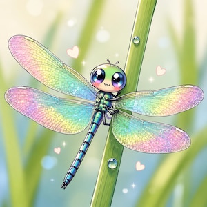 May include: A cartoon dragonfly with large, expressive eyes and iridescent, rainbow-colored wings. The body is a metallic blue-green, and it is perched on a bright green stem. Small, pale pink heart shapes and sparkling star accents surround it.