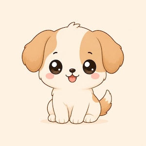 May include: A cartoon illustration of a small puppy with cream and light brown fur. The puppy has large, dark, glossy eyes, a small black nose, a pink tongue, and rosy cheeks. It is sitting in a forward-facing position with its tail visible.