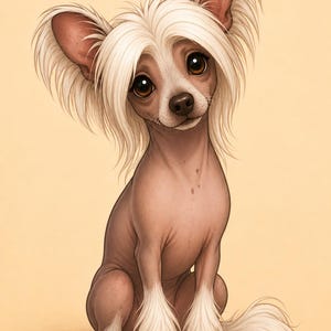 Puede incluir: Una ilustración de un perro crestado chino con cuerpo sin pelo de piel marrón claro, grandes ojos marrón oscuro y pelo largo y blanco en las orejas, la cabeza y la parte inferior de las patas. El perro está sentado mirando al frente con expresión neutra.