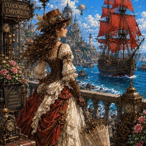 Puede incluir: Una persona con un vestido marrón y crema con detalles de encaje, un sombrero de copa con gafas y una sombrilla de encaje está en un balcón. Un letrero dice CLOCKWORK EMPORIUM y GEARS SPARINGS TIMEPIECES DOWNPIECES ACCESSORIES junto a un barco de velas rojas.