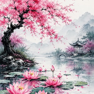 May include: A watercolor-style illustration featuring a large cherry blossom tree with vibrant pink flowers overhanging a calm lake. Pink lotus flowers and green lily pads float on the water surface. A small pagoda and arched bridge sit in the distance.