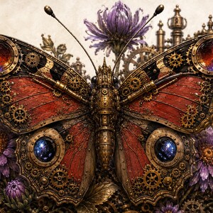 Puede incluir: Una mariposa mecánica con alas de color óxido, intrincados engranajes de latón y gemas circulares incrustadas en tonos rojos y azules. La mariposa está rodeada de flores moradas y componentes metálicos de relojería, incluyendo un reloj.