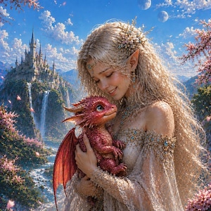 Könnte beinhalten: Ein langhaariger Elf mit spitzen Ohren in einem weißen Spitzenkleid hält einen kleinen roten Drachen mit strukturierten Schuppen und Flügeln. Die Szene zeigt eine ferne Burg auf einer Klippe mit Wasserfällen, Kirschblütenbäumen und drei Monden.