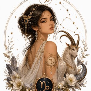 May include: An illustration of a person with dark hair adorned with gold accessories, featuring the Capricorn zodiac symbol on their forehead and arm. Beside them is a goat with a fish tail, surrounded by white flowers, crystals, and gold stars.
