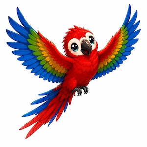 May include: A vibrant red parrot with large, expressive eyes and a black beak, depicted in flight with wings fully extended. The plumage features a gradient of yellow, green, and blue feathers on the wings and a long, pointed red and blue tail.