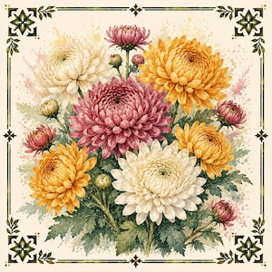 May include: A square illustration featuring a bouquet of chrysanthemums in shades of white, yellow, and pink, surrounded by green leaves and buds. The floral arrangement is framed by a dark green decorative border with corner accents.