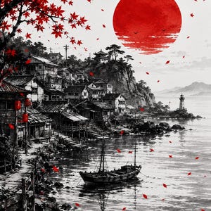 Puede incluir: Una ilustración en blanco y negro de un pueblo costero con edificios tradicionales, un pequeño barco en el agua y un faro lejano. La escena está acentuada por un gran sol rojo en el cielo y hojas de arce rojas cayendo por todas partes.