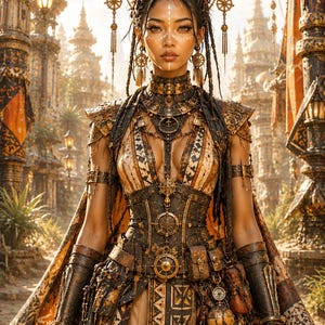 May include: A person wearing an intricate, dark brown and tan patterned outfit with a high-collared bodice, metallic accents, and a cape. The ensemble includes arm guards, a belt with attached pouches, and a complex, ornate headpiece with dangling charms.
