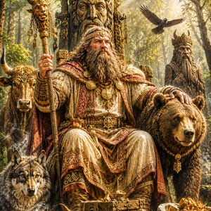 May include: A bearded figure in ornate, layered robes sits on a throne before a carved wooden face, holding a staff topped with a horned animal head. A brown bear, a wolf, and a bull surround the figure, while a raven flies in the forest background.