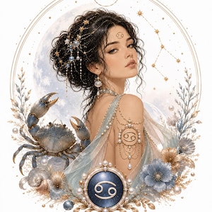 May include: A digital illustration of a person with dark curly hair adorned with star-shaped accessories, featuring the Cancer zodiac symbol on their forehead and arm. A blue crab, pearls, shells, and flowers surround the figure within a circular frame.