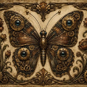 Puede incluir: Una pieza de arte mural rectangular que presenta una mariposa central con alas de bronce y cobre metálico adornadas con intrincados engranajes, ruedas dentadas y acentos circulares azul oscuro. La mariposa está rodeada de motivos florales y mecánicos.