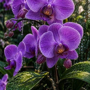 May include: A vibrant purple Phalaenopsis orchid plant featuring multiple blooming flowers and closed buds on a slender stem. The petals display intricate dark purple veining, and the broad, glossy green leaves are covered in small water droplets.