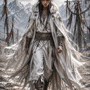 May include: A person wearing a long, tattered white cloak with a fur-lined collar over a white tunic and trousers. The outfit includes a wide, dark brown leather belt with metal accents, dark leather bracers, and tall, weathered lace-up boots.