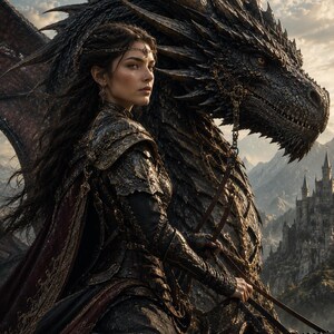 May include: A person with long dark hair wearing intricate dark metal armor and a deep red cloak, sitting atop a large, textured black dragon with sharp scales and glowing eyes, set against a backdrop of a stone castle and mountain peaks.