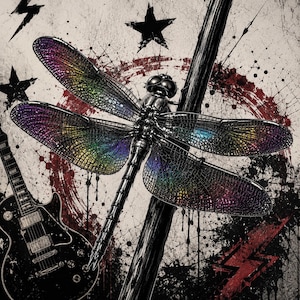 May include: A graphic illustration featuring a large dragonfly with iridescent, rainbow-coloured wings perched on a dark vertical post. The background includes a black electric guitar, dark star shapes, a red circular brushstroke, and black paint splatters.