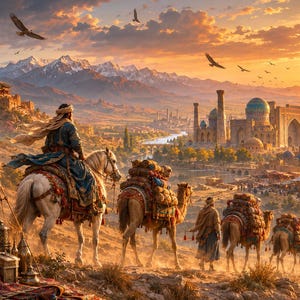 May include: A digital illustration of a desert landscape at sunset featuring a rider on a white horse, a caravan of camels carrying goods, and a distant city with blue-domed architecture. A tent with ornate rugs and metal vessels sits in the foreground.