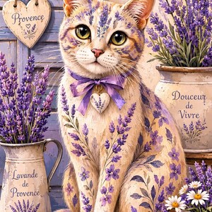May include: A cream-colored cat with purple lavender floral patterns on its fur, wearing a purple ribbon with a heart charm. The cat is surrounded by lavender sprigs in white pitchers labeled "Lavande de Provence" and "Douceur de Vivre."