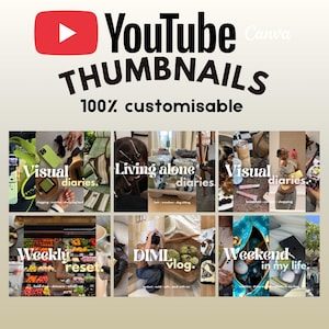 May include: A digital template for YouTube thumbnails featuring the YouTube logo and the text "YouTube THUMBNAILS 100% customisable". Below are eight collage-style thumbnail examples with various lifestyle imagery and text overlays like "Visual diaries", "Living alone diaries", "Weekly reset", "DIML vlog", and "Weekend in my life".