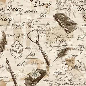 May include: A beige fabric pattern featuring dark brown illustrations of vintage books, fountain pens, and feathers. The design includes handwritten cursive script with words like Diary and Dear, layered over abstract brown ink splatters and marks.