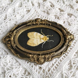 Original acrylic moth painting on plywood displayed in a vintage-inspired bronze decorative frame.