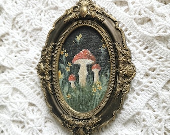 Hand Painted Mushroom Art, Vintage Bronze Frame, Woodland Cottage Decor, Acrylic Plywood Painting
