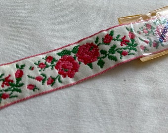 Vintage Embroidered Ribbon, Roses, 3 yards, 1 inch ribbon, woven ribbon, Jacquard ribbon