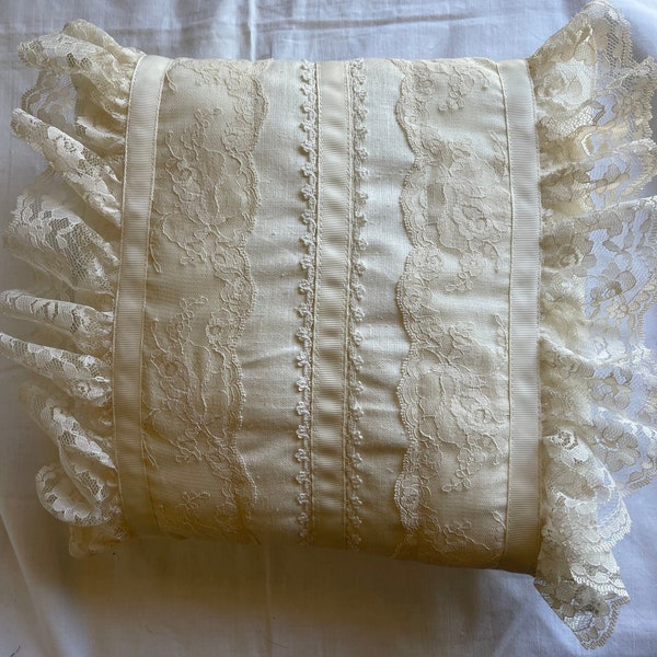 Cream Lace Throw Pillow, Ring bearer, Cream Pillow, Lace Pillow, Natural 12X12 inch, Ruffle Pillow