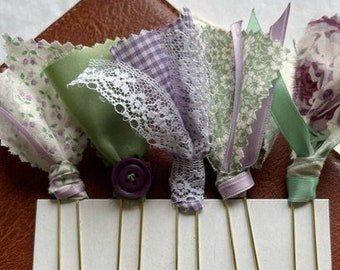 Bookmarks, Lavender and Sage, Journal Markers, Vintage Lace and buttons, Fabric and Lace, Journal markers